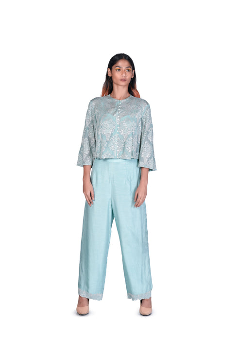 Mint flower bunch EMB Crop Top with Pants